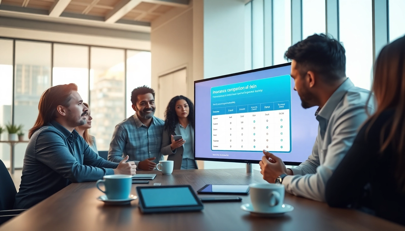 Versicherungsvergleich in einem modernen Büro mit einem Team, das zusammenarbeitet und ein interaktives Tool nutzt.