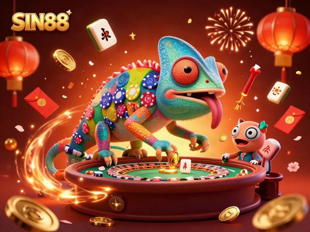 SIN88 casino illustration with a colorful chameleon, festive elements, and casino games in a vibrant setting.