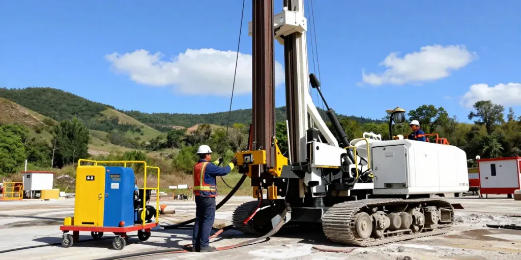 Geothermie Bohrung an einem Standort mit Technikern und Bohrgeräten im Freien