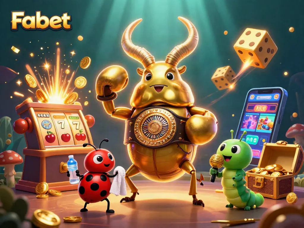 Experience Fabet's thrilling jackpots with a golden stag beetle and dynamic casino characters.