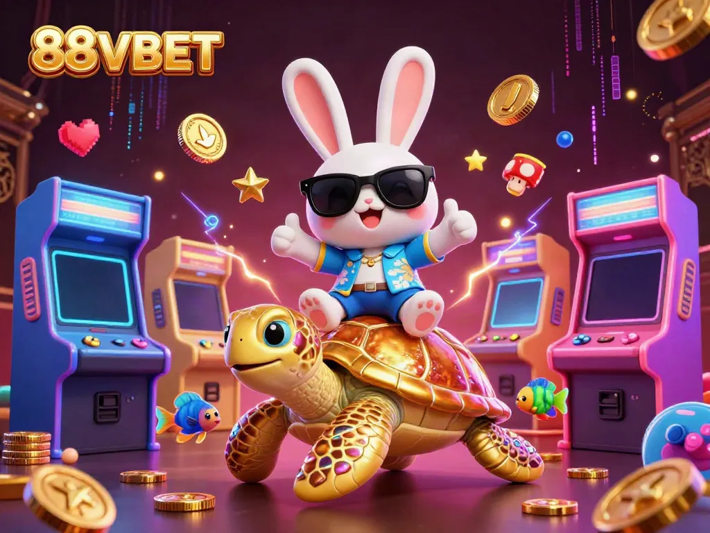 Engage with exciting casino games at 88VBET, featuring a playful rabbit and golden turtle in a vibrant arcade.