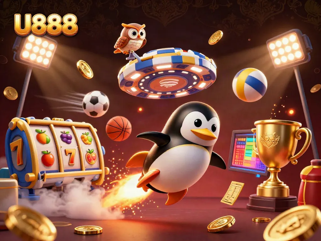 U888 features a golden penguin blasting to a poker chip casino, surrounded by slot reels and dynamically flying sports balls.