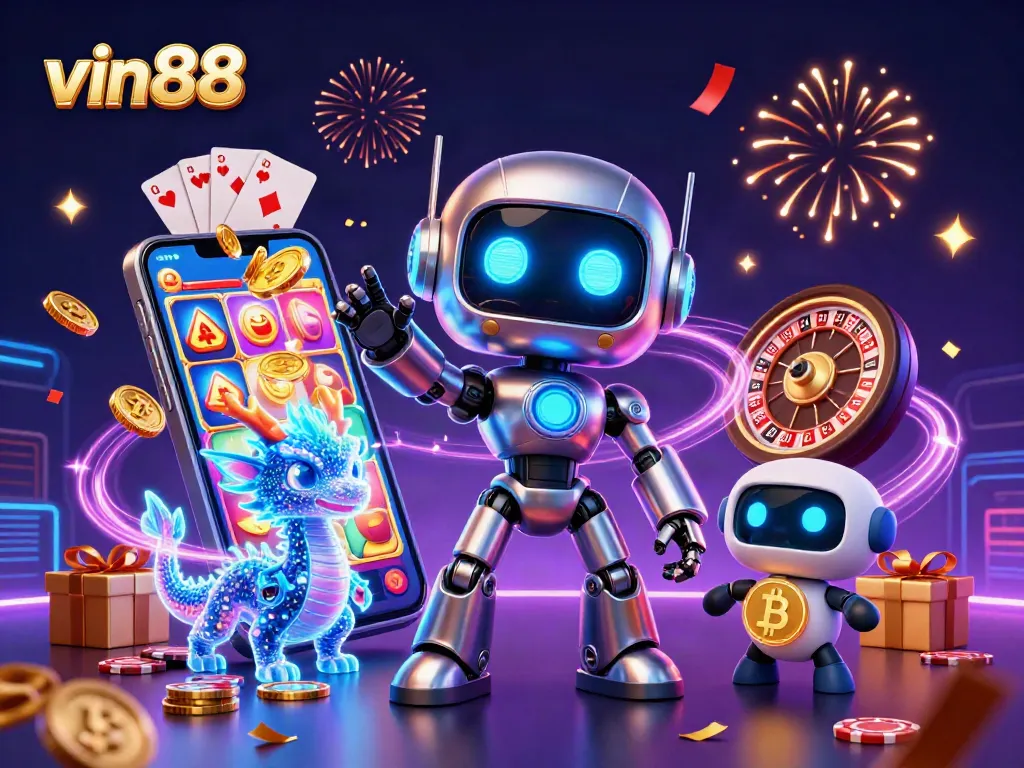 Win big with vin88 in this dynamic casino scene featuring colorful games and exciting characters!