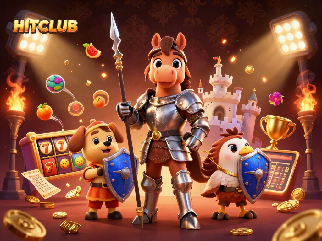 HitCLUB showcases thrilling slot reels and jackpots in a vibrant, dynamic 3D casino scene.