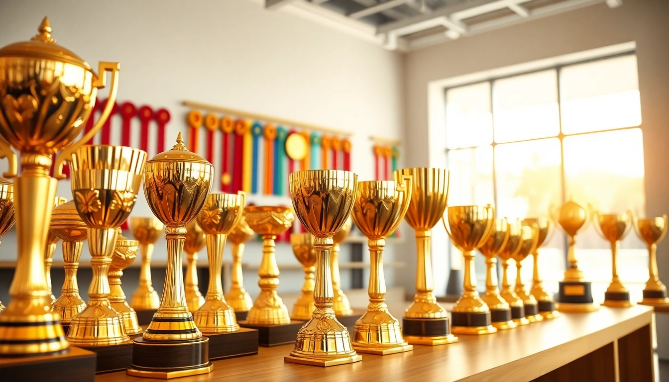 Pokale günstig kaufen: Glänzende Trophäen aus einem modernen Ausstellungsraum mit Flair.