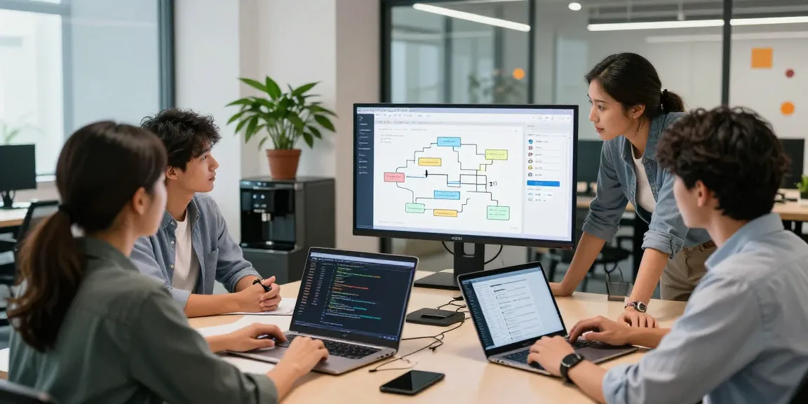 Build internal tools with AI in a modern workspace with a diverse team collaborating on innovative solutions.