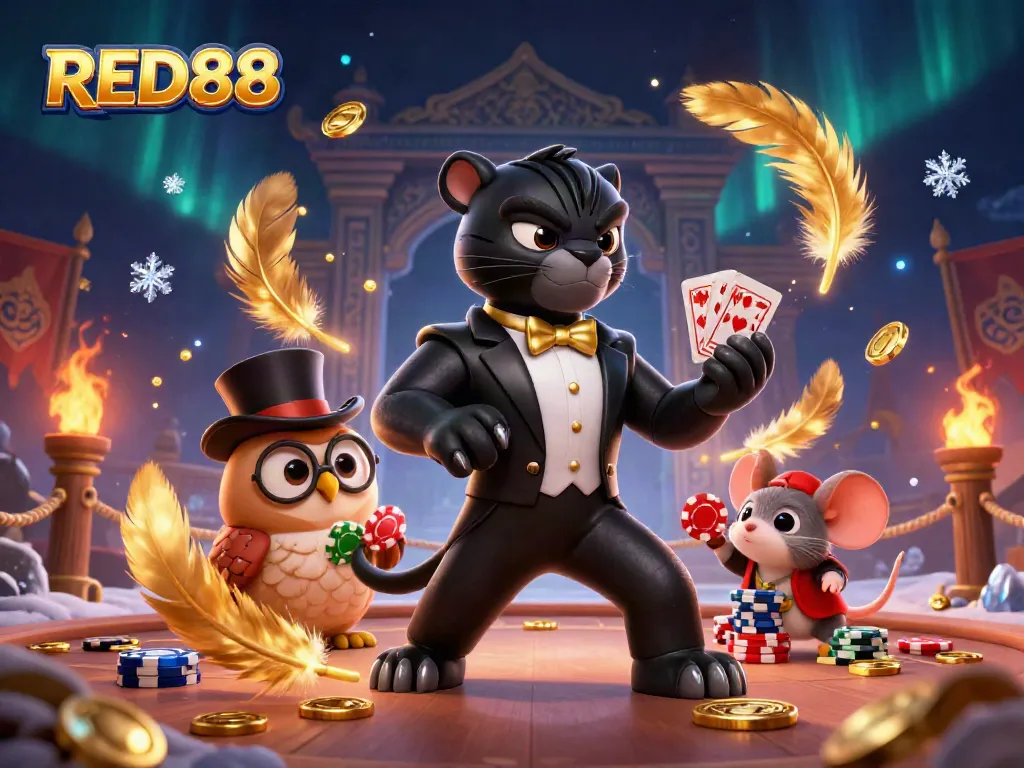 Experience the excitement of RED88 with 3D cartoon characters dealing cards and betting chips.
