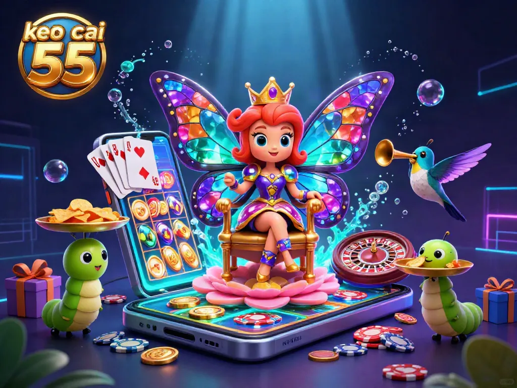 Experience engaging gameplay with keo nha cai 55 in a vibrant 3D casino scene filled with colorful gaming elements.