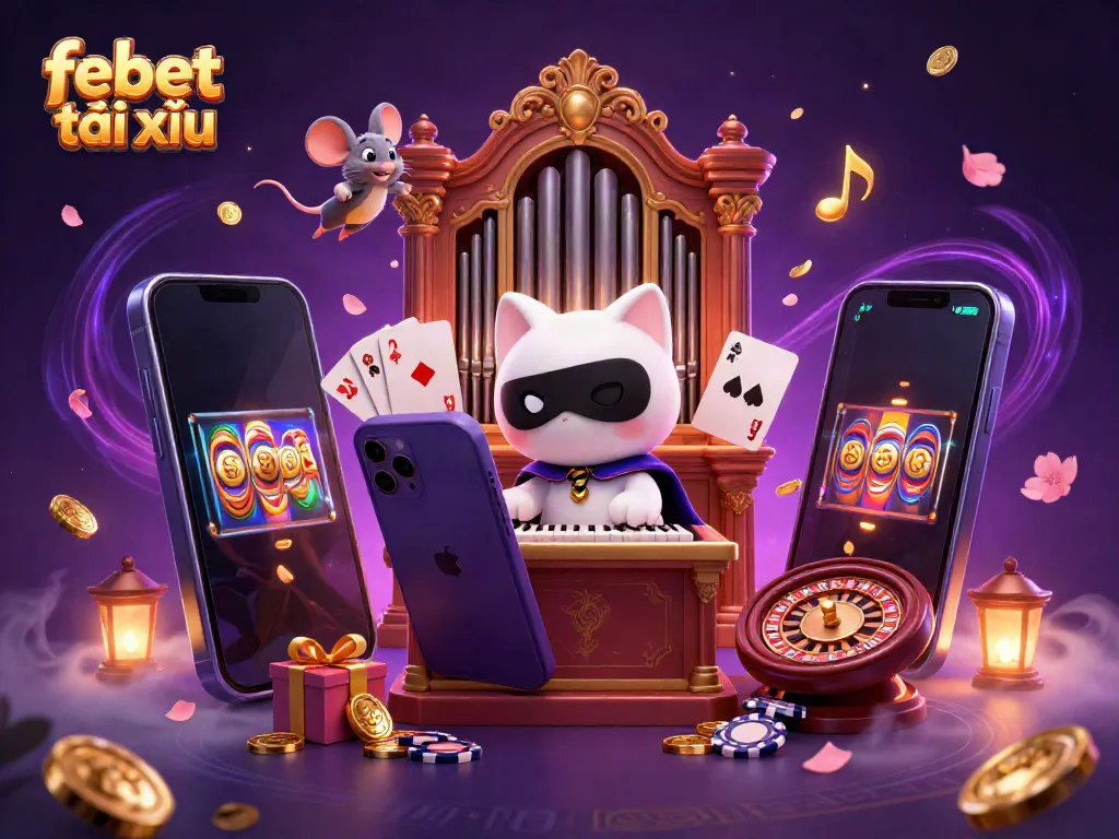 Engage with febet tài xỉu in an exhilarating casino scene featuring a whimsical white cat at a grand organ.