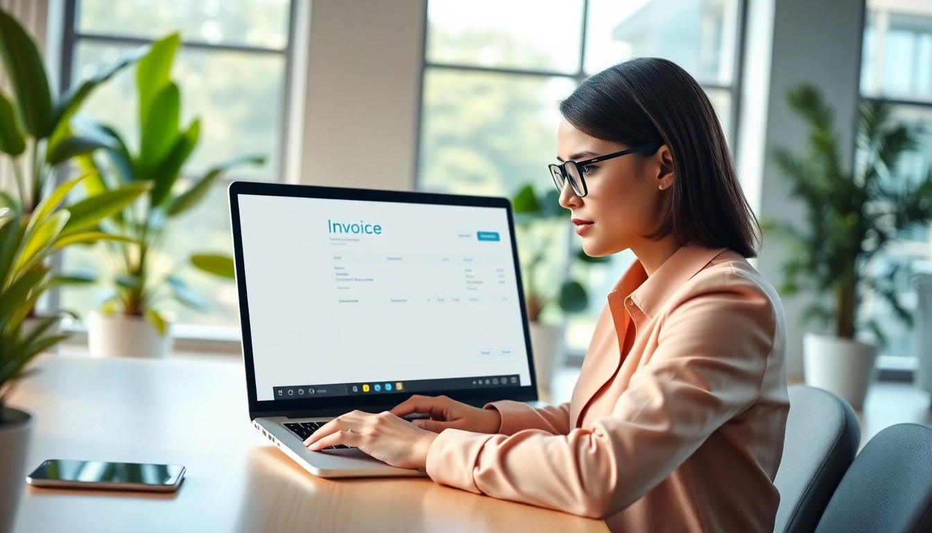 Rechnung erstellen online kostenlos mit einem Laptop in einem modernen Büro.