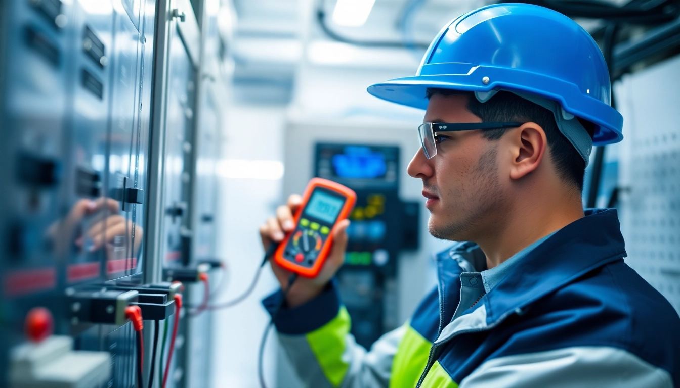 Technician conducting DGUV V3 Prüfung on electrical devices, ensuring safety and compliance.