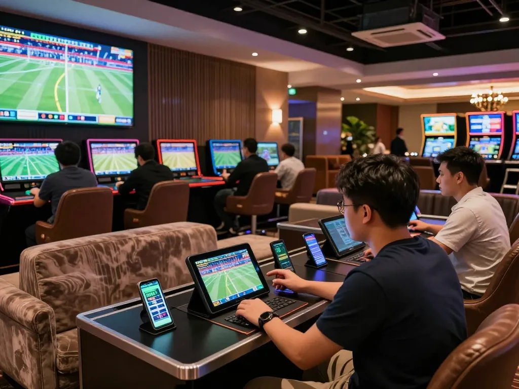 FLY88 sports betting setup with enthusiastic bettors analyzing odds and placing wagers.