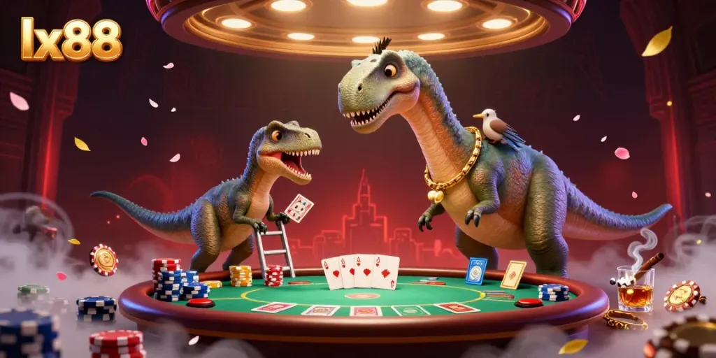 Experience the thrill of lx88 with a vibrant casino scene featuring a tall brontosaurus and a clever raptor dealing cards.