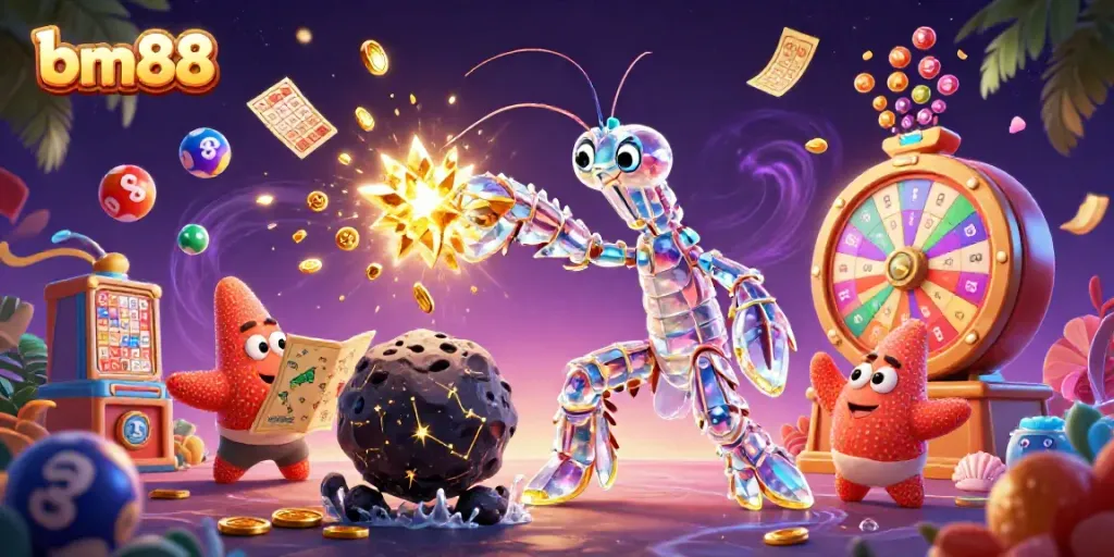 Experience the thrill of bm88 with a vibrant 3D illustration of a galactic samurai mantis shrimp amidst exploding gems and coins.