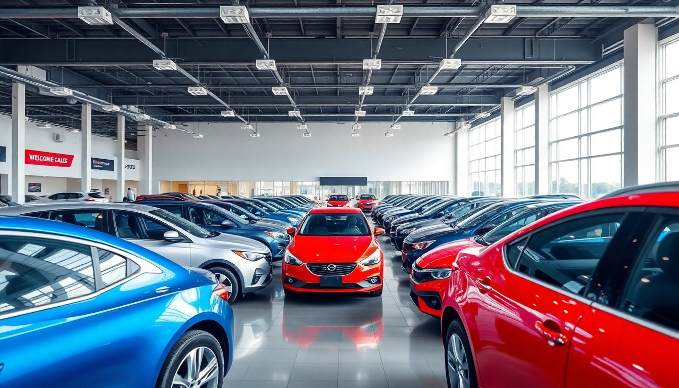 Auto kaufen im modernen Autohaus mit bunten Fahrzeugen und freundlichen Beratern