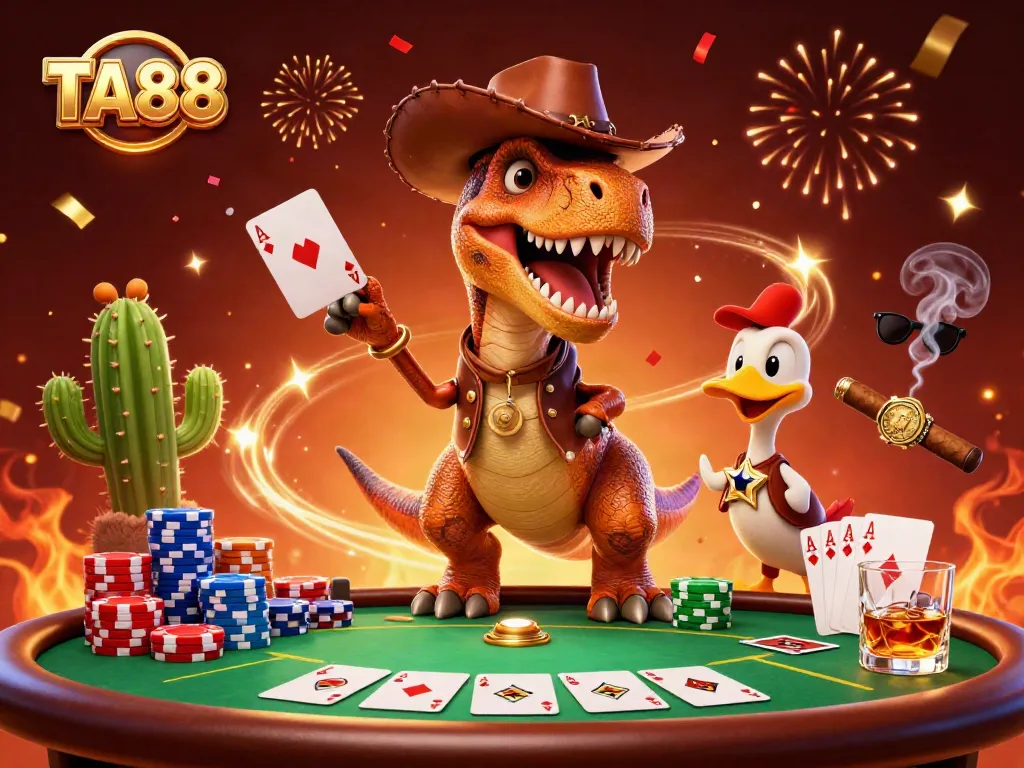 Join TA88 for thrilling poker action with a cowboy dinosaur and friends in an exciting casino scene.