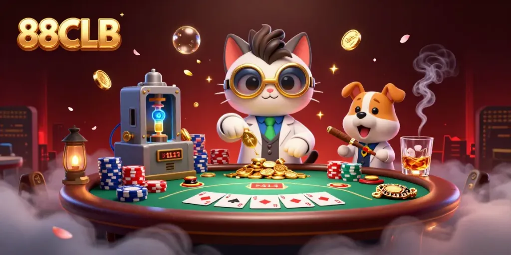 Experience the excitement of 88CLB with a captivating 3D scene of a mad scientist cat and dog at a poker table.
