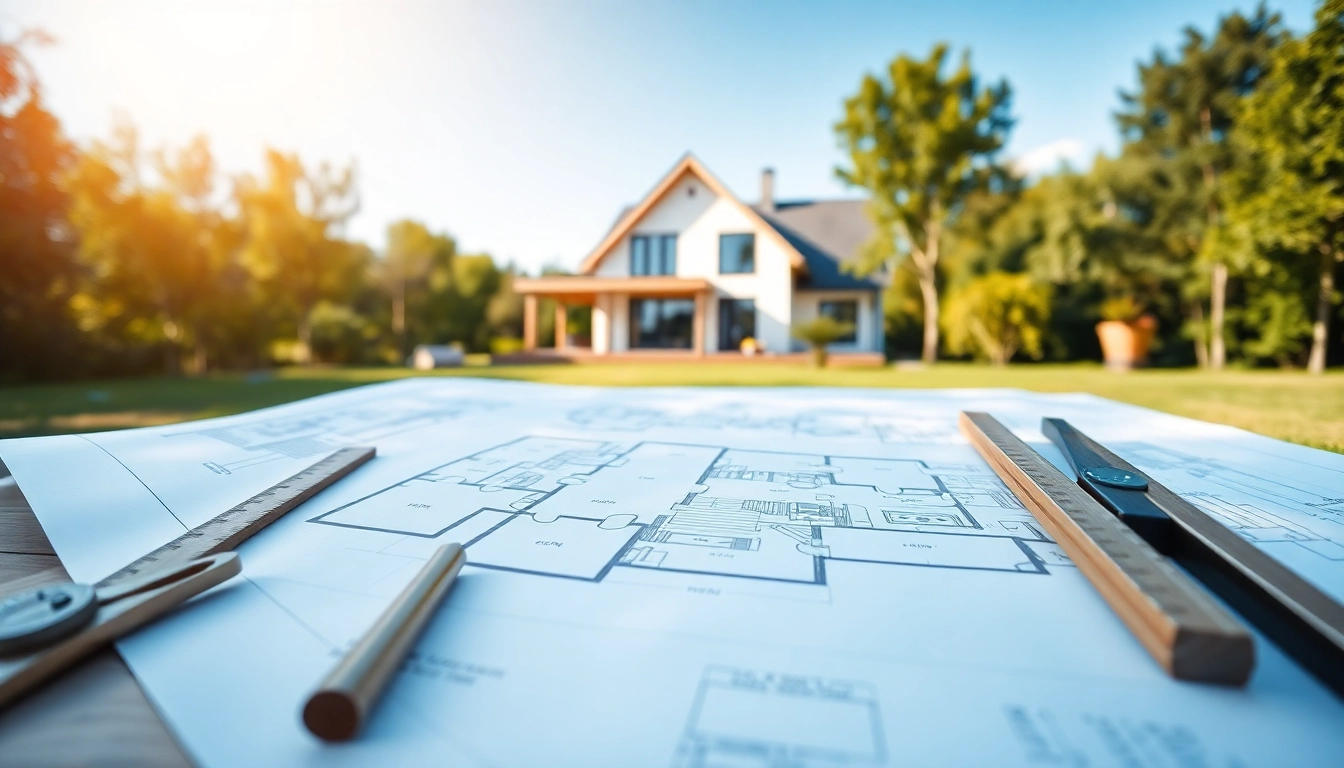Modern architectural blueprint for Haus bauen, showcasing intricate designs and construction tools.