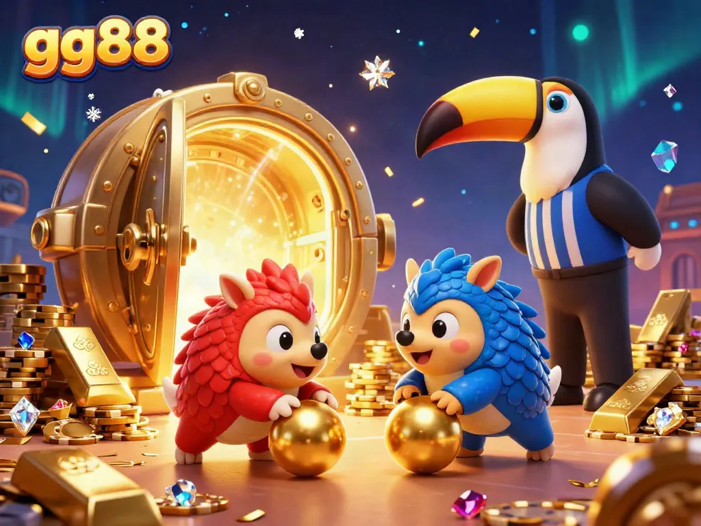 Experience thrilling gameplay at GG88 as pangolins roll through golden poker chips in a vibrant casino scene.