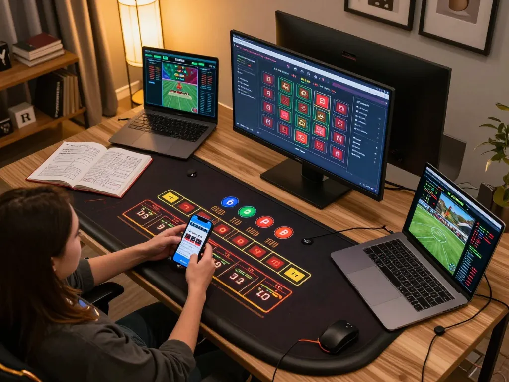 Engaging online gambling session at betbdt66 with smartphones and live dealer interface.