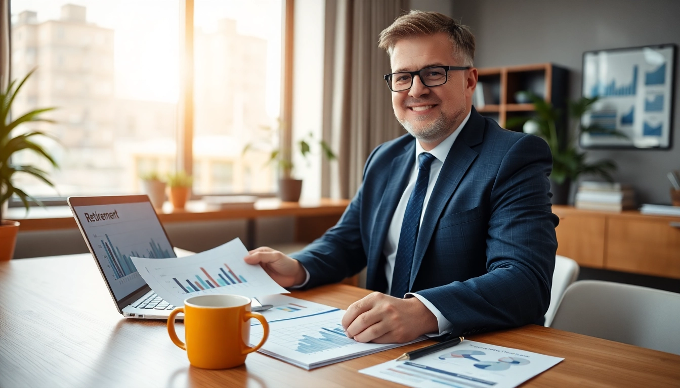 Strategien zur Rentenlücke schließen in einem modernen Büro mit einem Finanzberater.