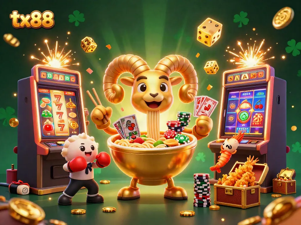 Engage with thrilling casino action at tx88 featuring a giant ramen bowl and colorful game elements.