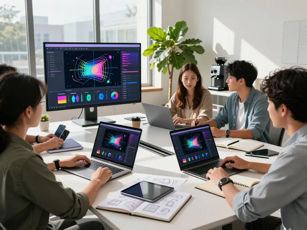 Team collaborating on motion ai video designs in a modern workspace