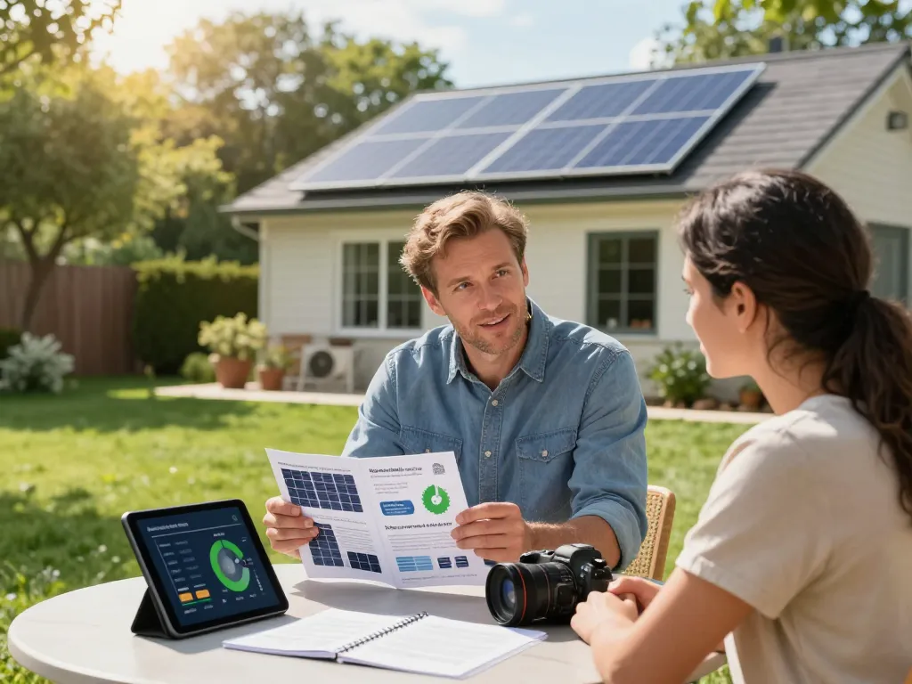 Solar Wien Beratungsszene mit Hausbesitzern, die im Freien über Solarenergie-Lösungen diskutieren, zeigt eine Installation von Solarpanels.