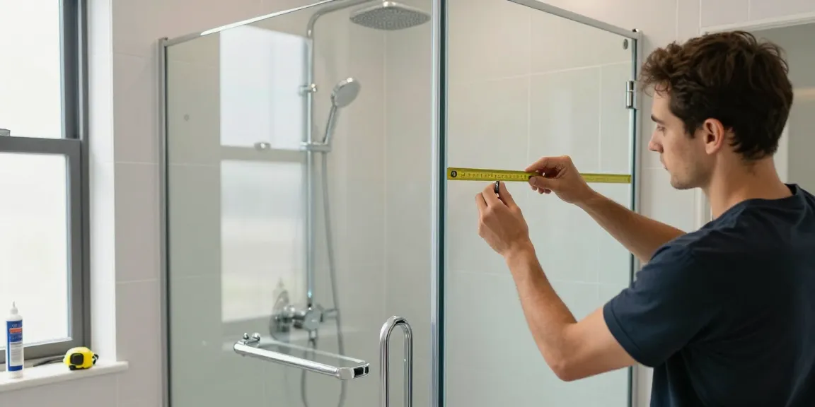 Vervangen van een douchecabine in uitvoering met technicus die meet voor een nauwkeurige installatie, met focus op douchecabine vervangen in een moderne badkamer.