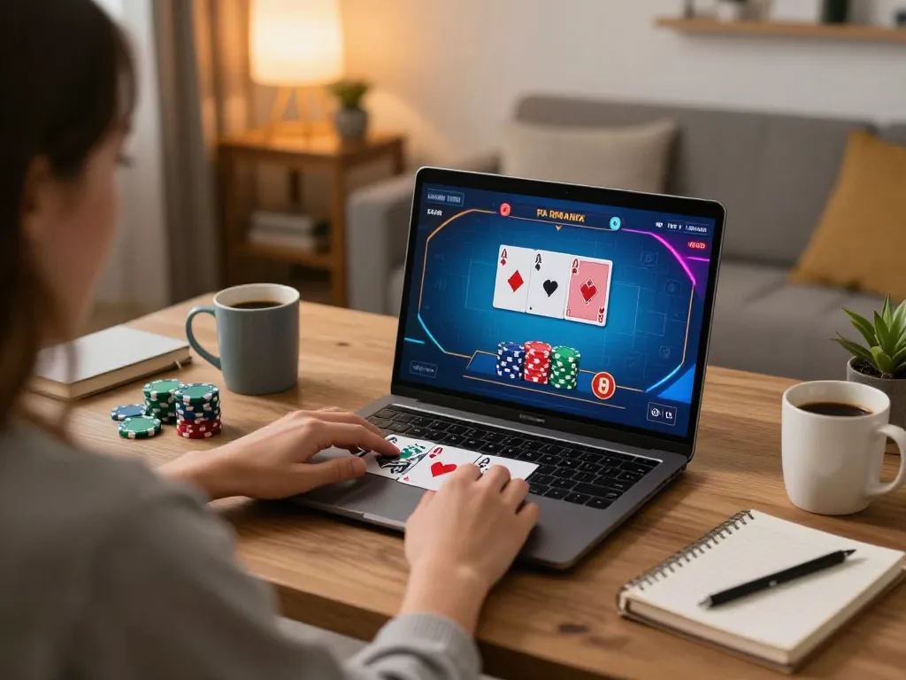 Player engaging with MMOO online poker game setup in warm, inviting home environment