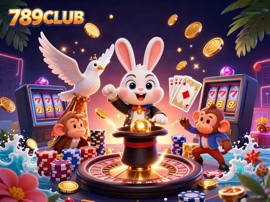 Experience exciting games with 789CLUB's 3D casino magical scene featuring coins and cards.