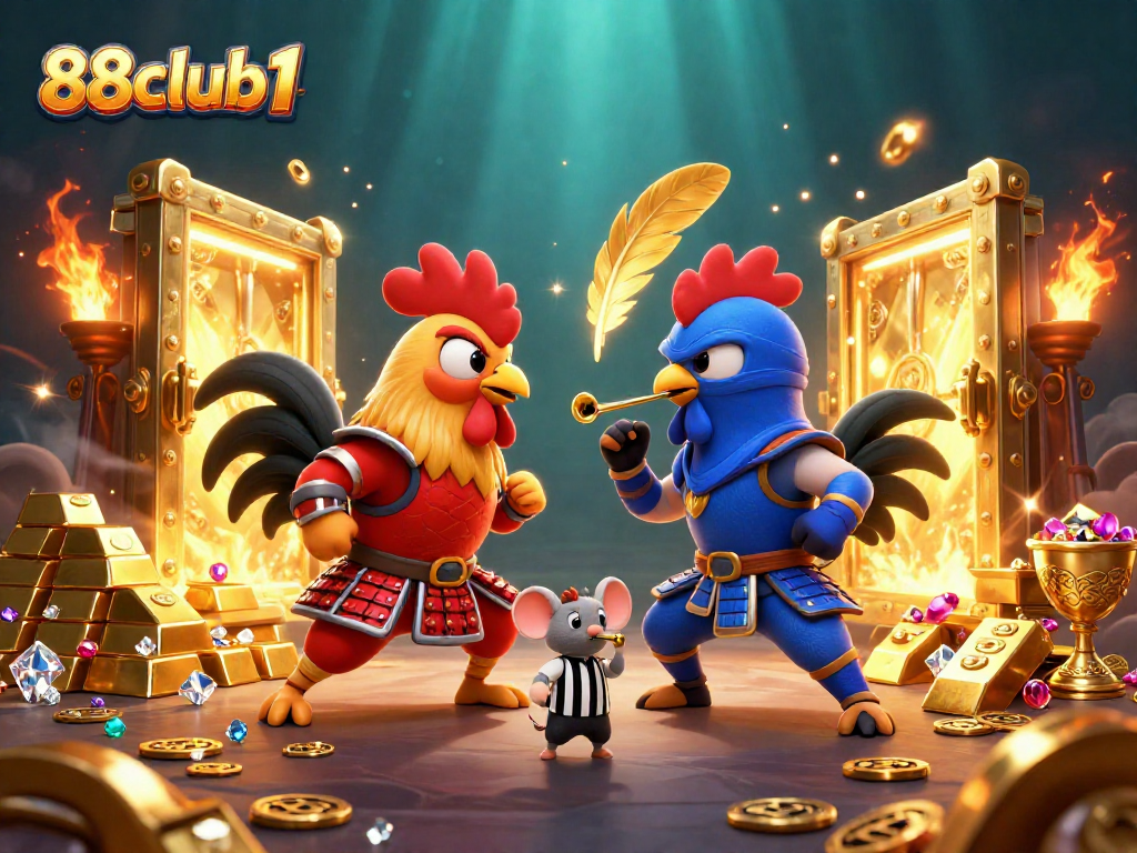 Engage in the thrill of 88club1 with dynamic rooster duel amid gold treasures.