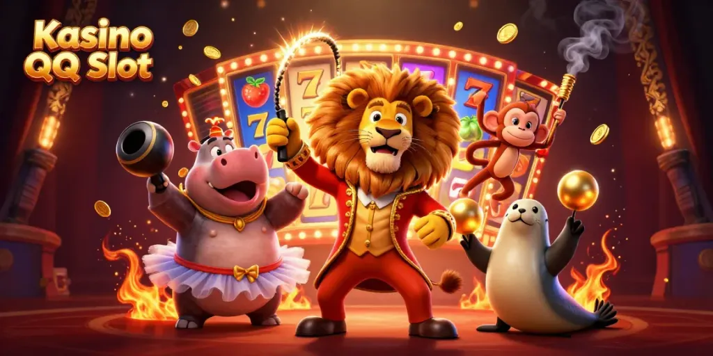 Engage with Kasino QQ Slot in this vibrant 3D carnival illustration full of dynamic slot action and colorful characters.