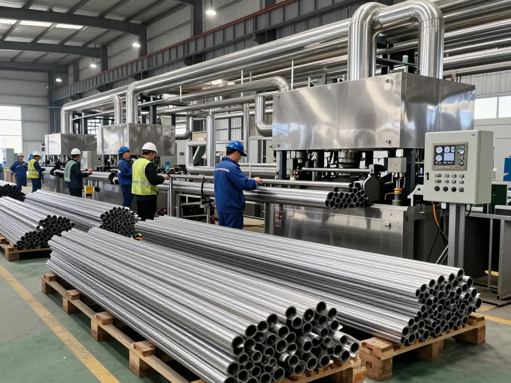 Sumwin stainless steel workers examining products in a modern factory environment.