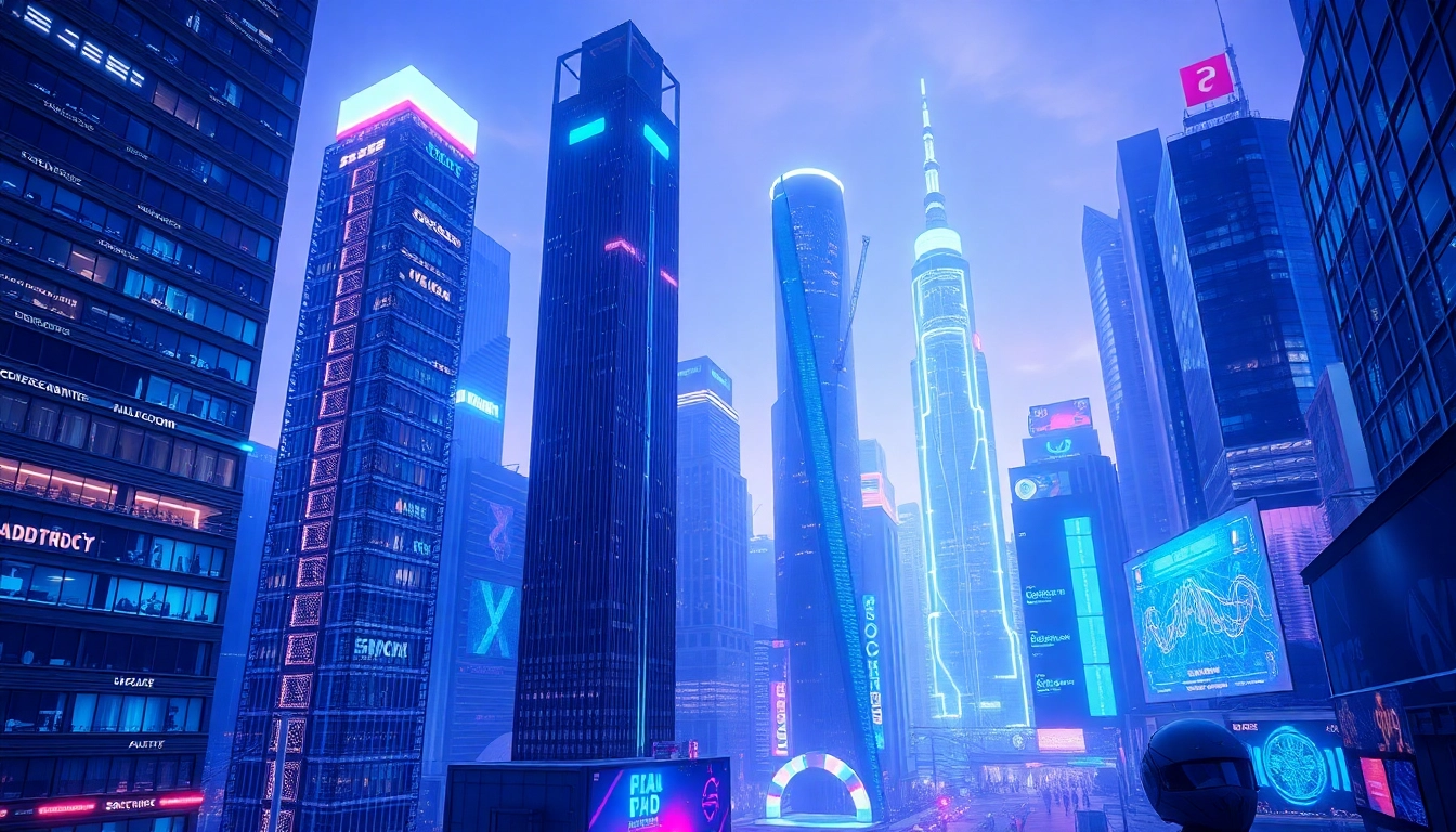 Die Digitale Zukunft visuell dargestellt in einer modernen, technologiegetriebenen Stadt mit holografischen Displays.