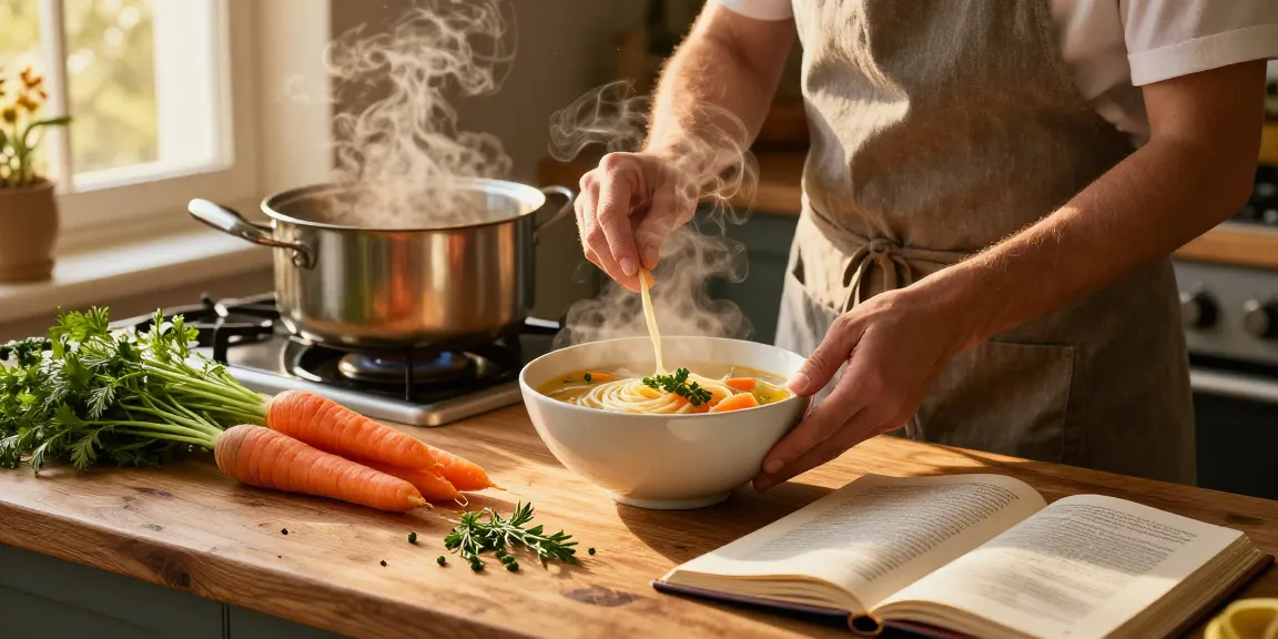 Frische Zutaten für Klare Suppe, zubereitet in einer gemütlichen Küchenszene, die hausgemachte Wärme und Kochfreude betont.