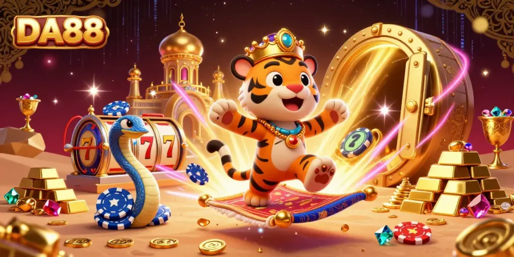 Spin to win at DA88 with a vibrant casino scene featuring a tiger sultan and jackpot winnings.