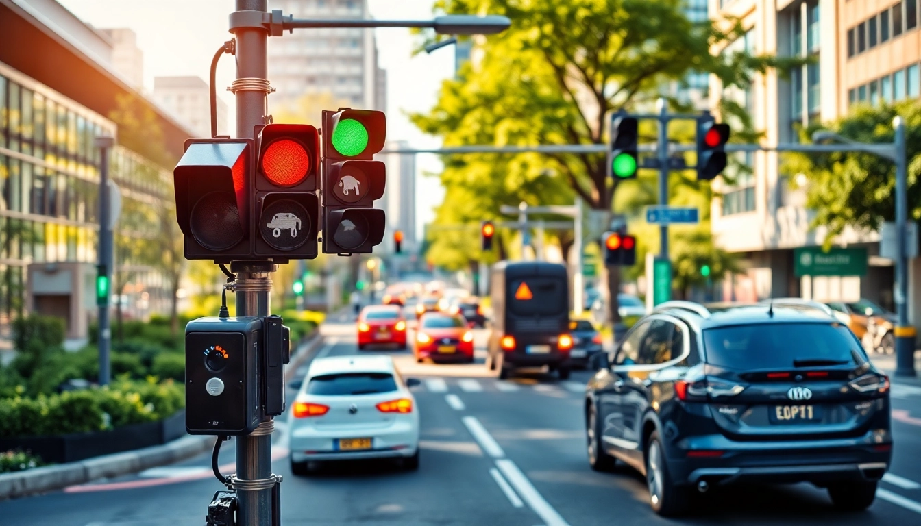 Verkehrstechnologie in action mit modernem Verkehrssystem und elektrischen Fahrzeugen in der Stadt.