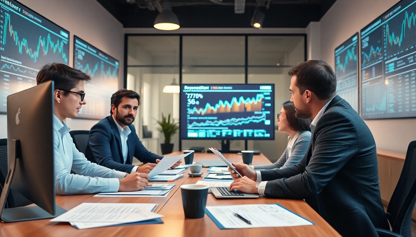 Analyse de l'actualité de la finance décentralisée par des experts dans un bureau moderne.