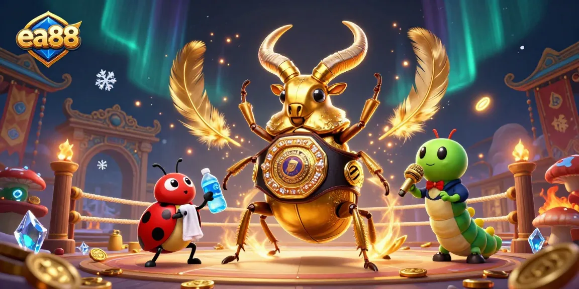 ea88 betting scene with champion beetle, ladybug corner-man, and caterpillar announcer