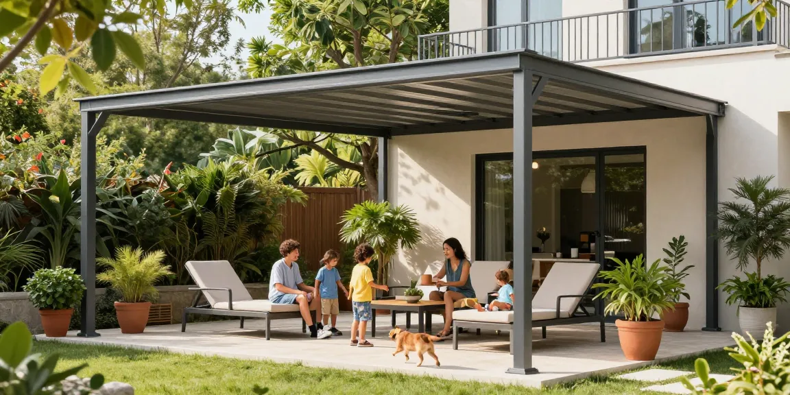 Stylische Terrassenüberdachungen in einem modernen Außenbereich mit Familie und Pflanzen.