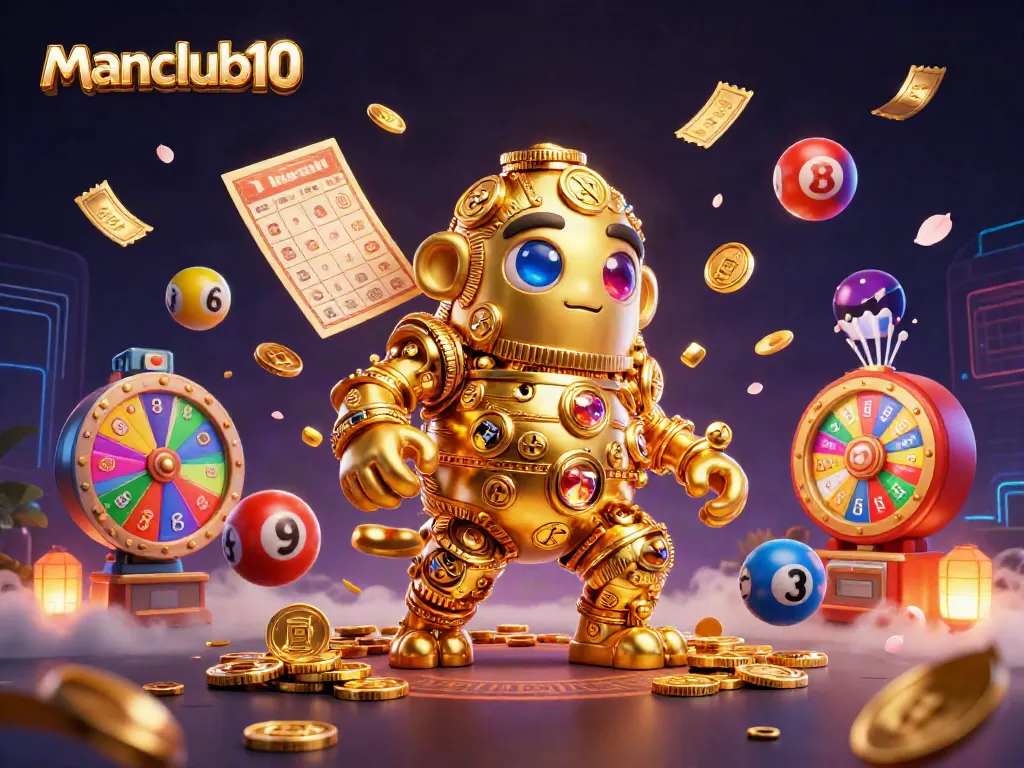 Engage with manclub10's vibrant casino experience featuring a golden golem and dynamic lottery elements.