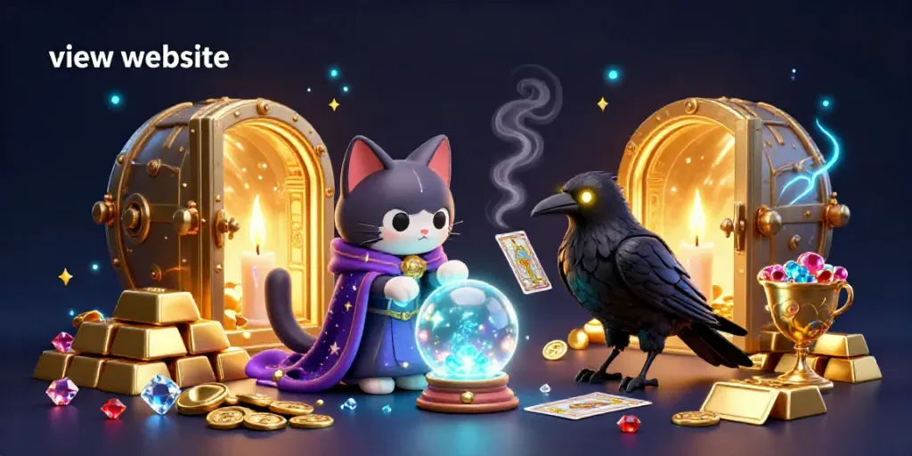 Experience the magic of the casino world with our vibrant view website illustration featuring a magical cat and tarot raven.