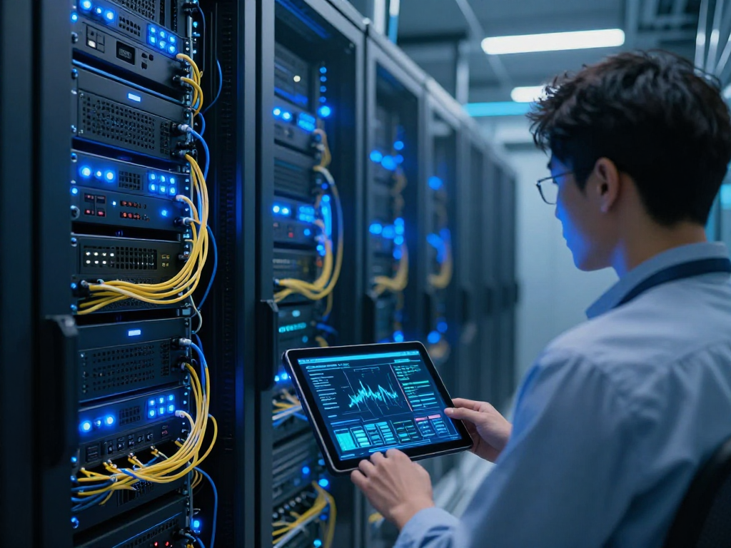 IPTV subscription dashboard in a modern data centre showcasing advanced server technology and real-time analytics.