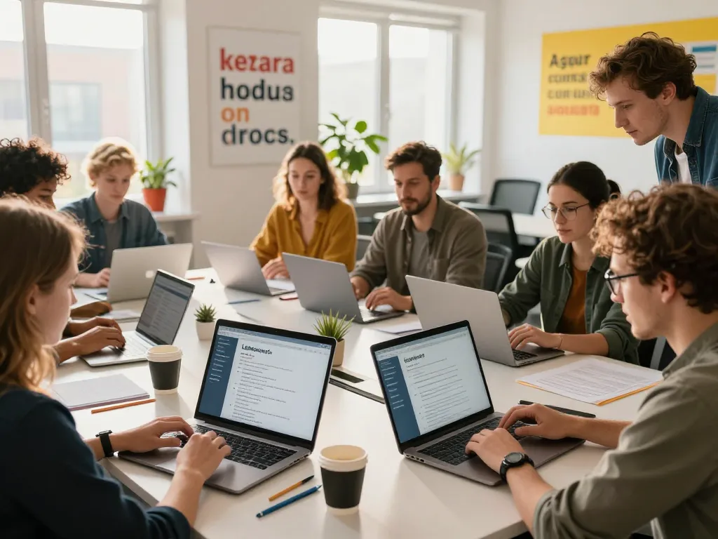 Arbeitssuchende arbeiten zusammen, um Lebenslauf Vorlagen in einer hellen Büroumgebung zu erstellen.