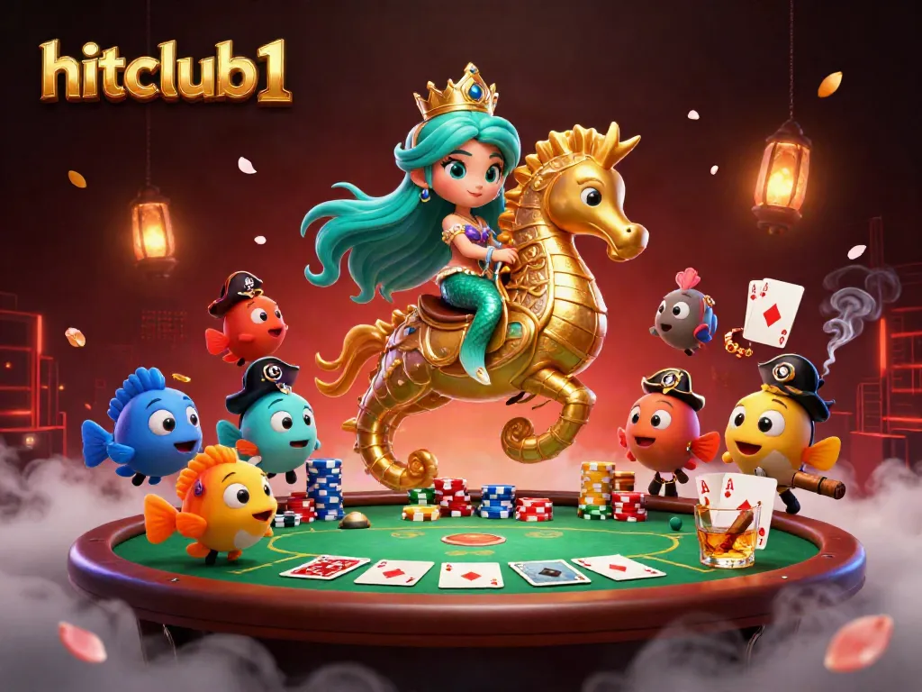 Join the hitclub1 mermaid princess at a vibrant poker table surrounded by colorful fish and dynamic casino elements.