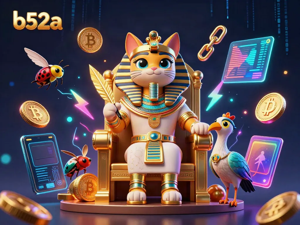 Engage with b52a through an exciting illustration of a golden pharaoh cat in a vibrant casino setting.
