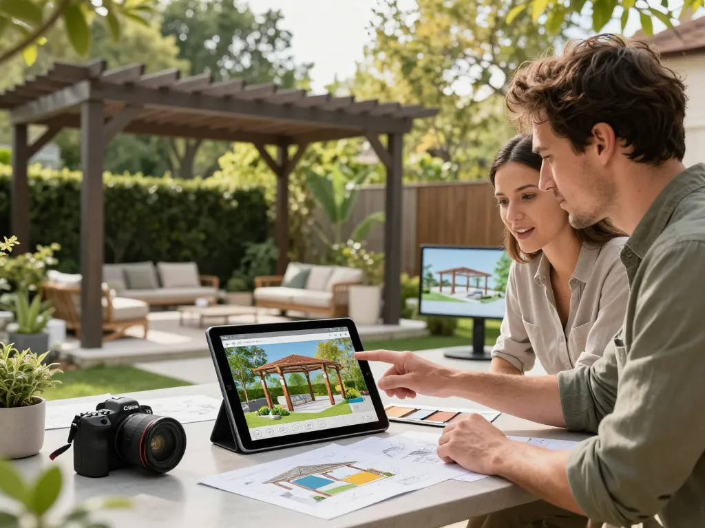 Erlebnis Pergola Konfigurator, Designer verwendet Tablet im Garten, 3D-Modell sichtbar.