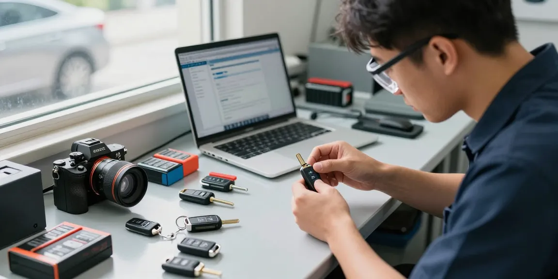 Techniker arbeitet an einem KIA Schlüssel, während er präzise Autoschlüssel Lösungen anbietet. Bitte schön für hochwertige Fahrzeugdienstleistungen!
