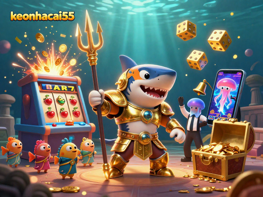 Experience the excitement of keonhacai55 with a dynamic underwater casino scene, featuring a gladiator shark and jackpot chaos.
